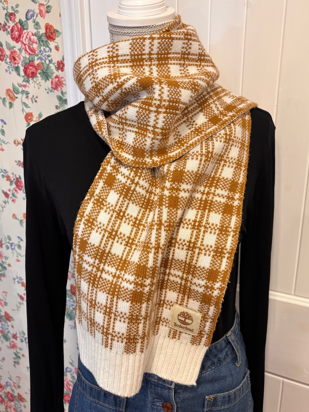 Timberland Mustard Cream Plaid Knit Scarf